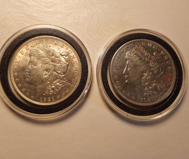 Pair Fine Antique 1921 Morgan Silver Dollars (1 of 2)