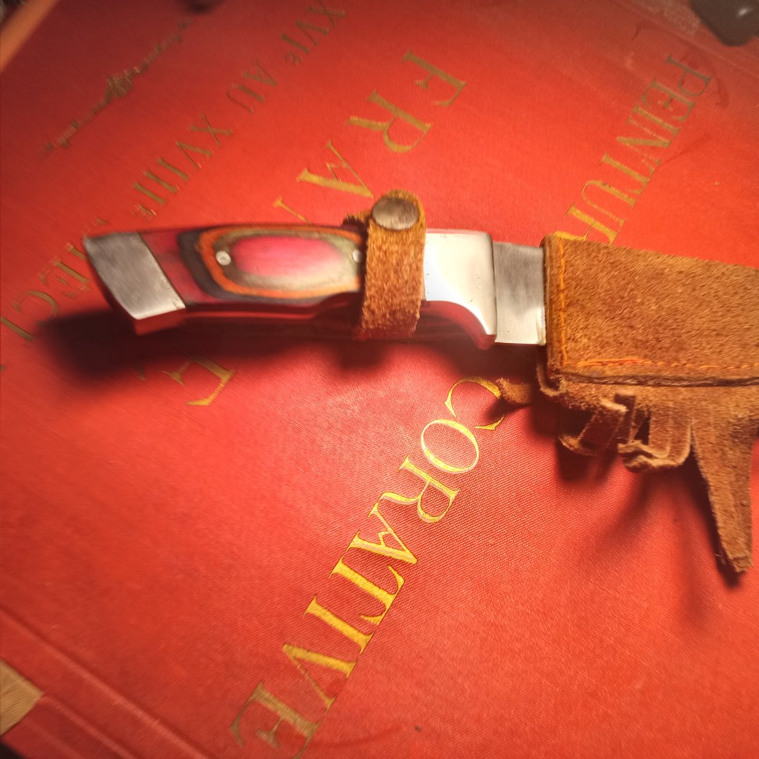 Hunting Survival Knife w/ Heavy Suede Leather Scabbard and Tassel Trim Pakistan: Good knife. Small amount of pitting. Has been cleaned and buffed.