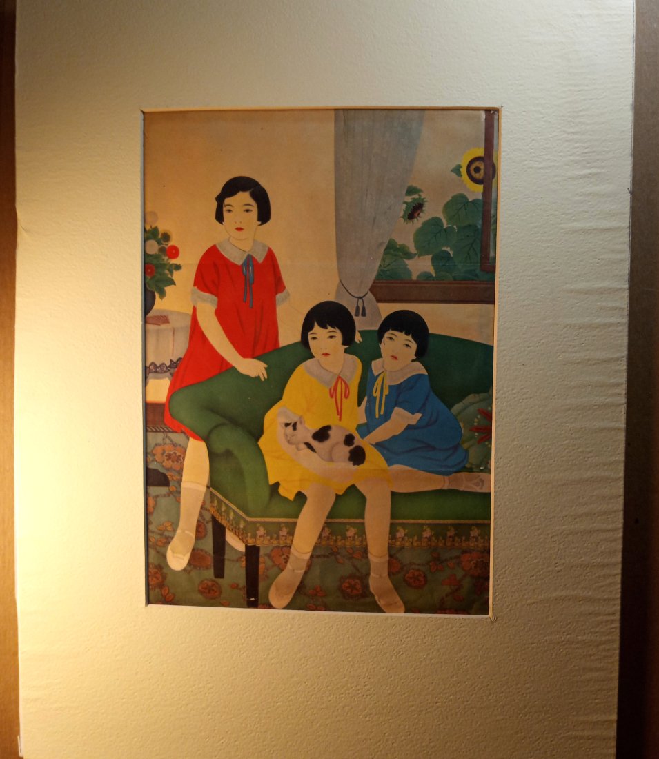 1920's Kyoto Japanese Print Three Sisters 16 x 12 inches: 16 x 12 inches outside/mat dimensions. Mulberry paper print. Vegetable dye colors. Shipped flat file between heavy card board with an acid free paper between. Most mats of these prints are still in go