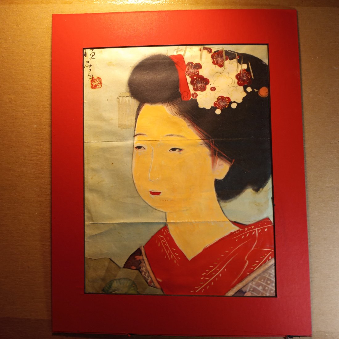 1920's Kyoto Japanese Print Woman with Hair Corsage 14 x 11 inches: 14 x 11 matted dimensions. Mulberry paper print. Vegetable dye colors. Shipped flat file between heavy card board with an acid free paper between. Most mats of these prints are still in good condition
