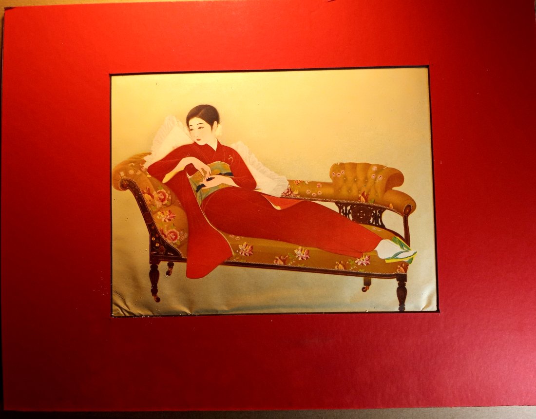 1920's Kyoto Japanese Print Woman Seated on Chaise 16 x 12 inches: 16 x 12 inches matted dimensions. Mulberry paper print. Vegetable dye colors. Shipped flat file between heavy card board with an acid free paper between. Most mats of these prints are still in good co