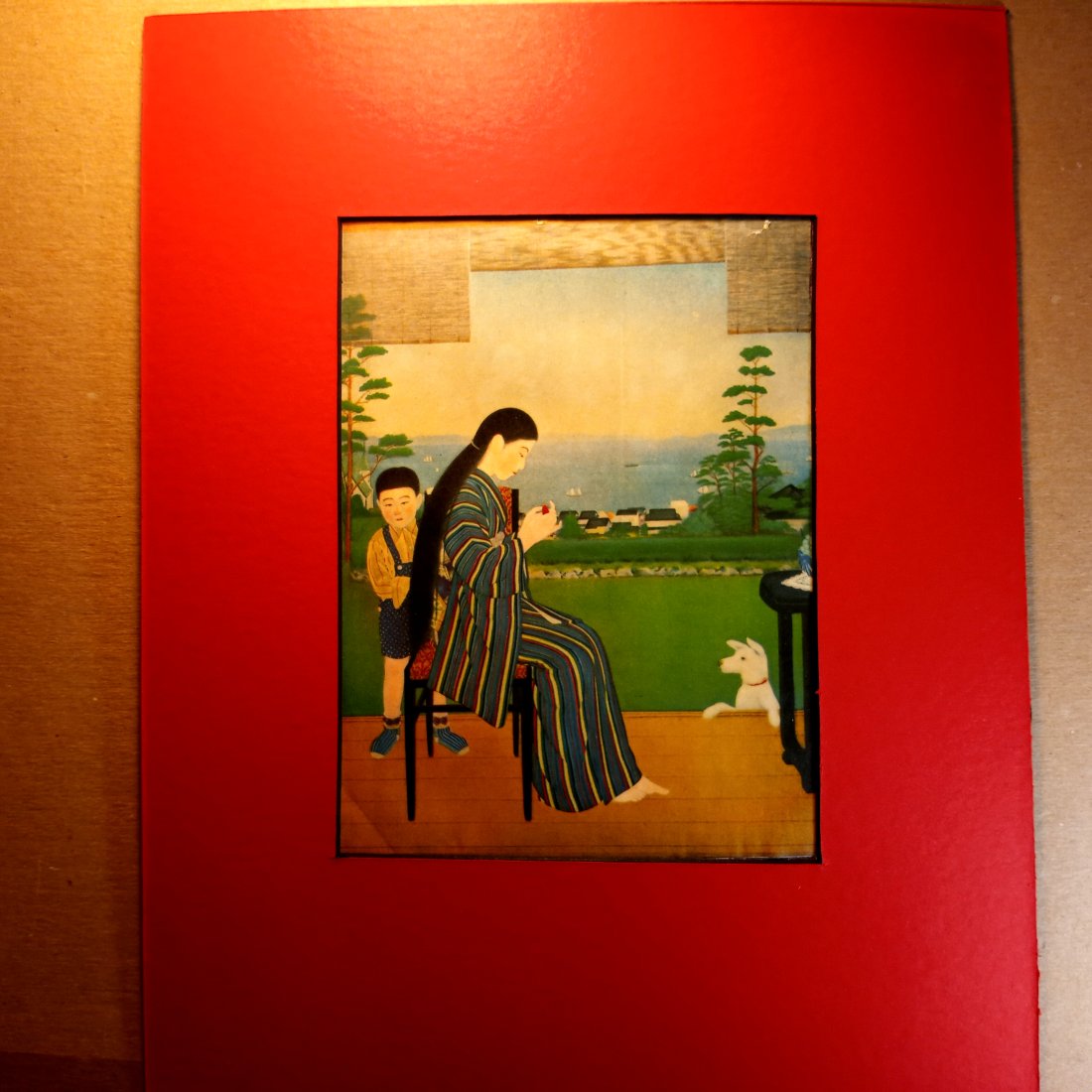 1920's Kyoto Japanese Print Timid Boy 14 x 11 inches: 14 x 11 inches matted dimensions. Mulberry paper print. Vegetable dye colors. Shipped flat file between heavy card board with an acid free paper between. Most mats of these prints are still in good co