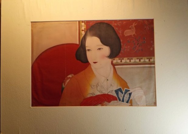 1920's Kyoto Japanese Print Woman in a Card Game 16 x 12 inches: 15 x 12 inches matted dimensions. Mulberry paper print. Vegetable dye colors. Shipped flat file between heavy card board with an acid free paper between. Most mats of these prints are still in good co