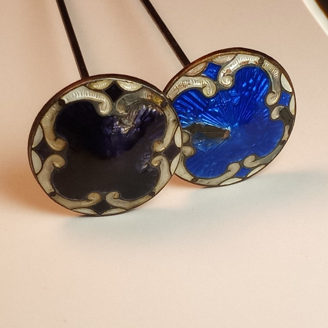 Pair of French Champleve Enamel Hat Pins.: Missing some enameling. Also some rust on the end of the pin portion.