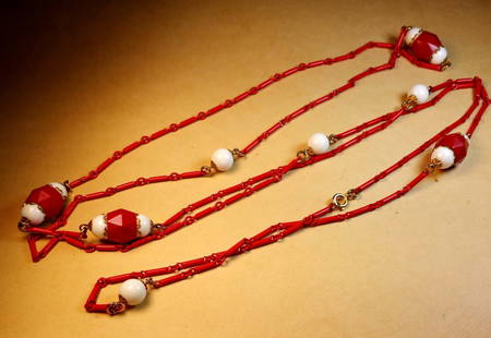 Vintage Bohemian / German Art Glass Mixed Elements Flapper Necklace: The link pieces are enameled metal, and the large beads are glass. Six feet (72 inches). Has good clasp.