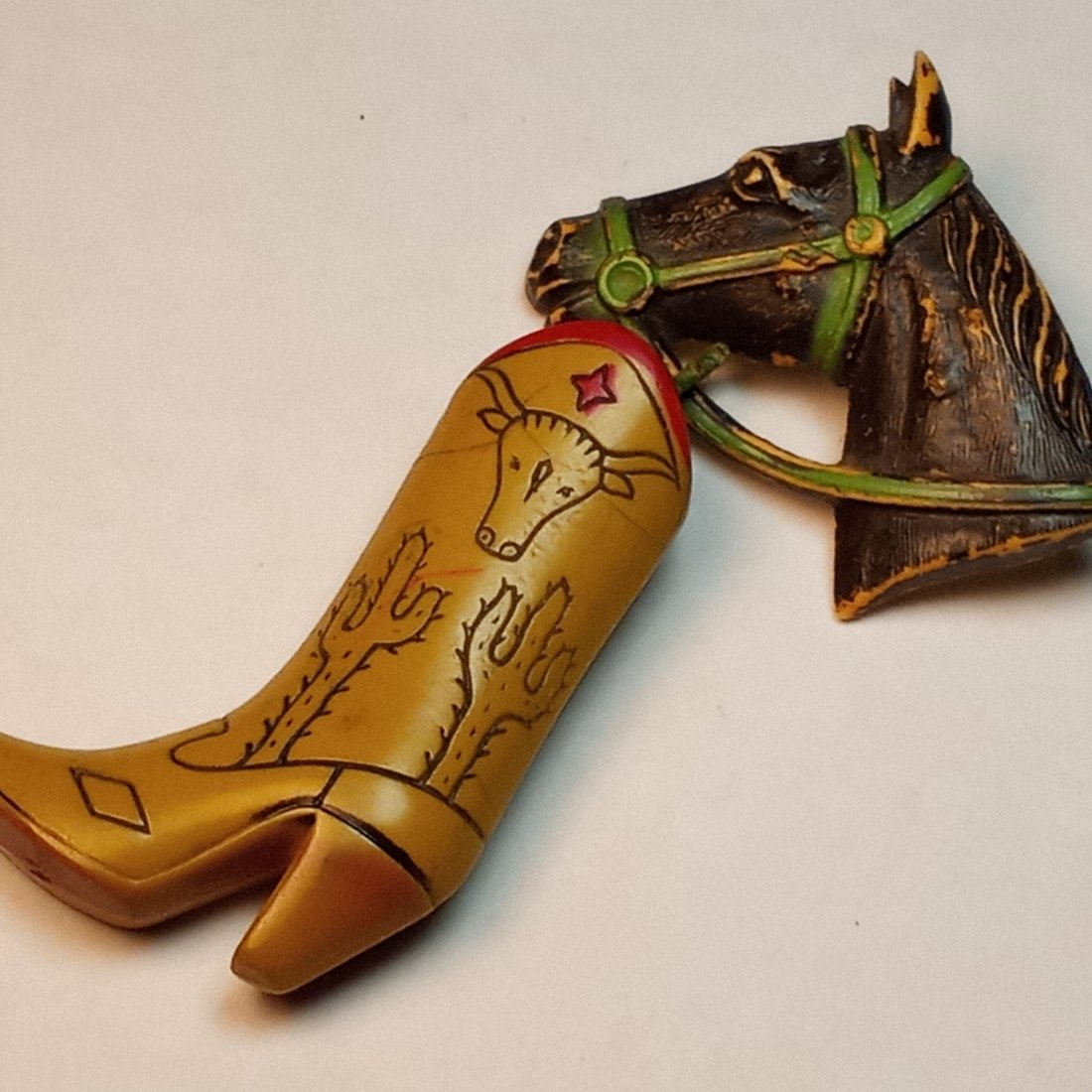 Early Plastic Western Horse and Boot Lavalier Pin: Cool looking.