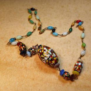 Vintage Bohemian Art Glass Necklace: Rich colors. 21 inches. Good brass barrel clasp.