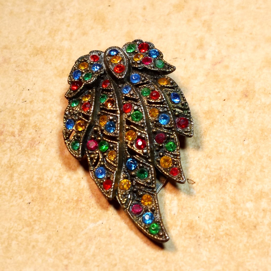 Vintage Colorful Festive Rhinestone Clip Bow: Early colored rhinestones. Probably Czech / German.