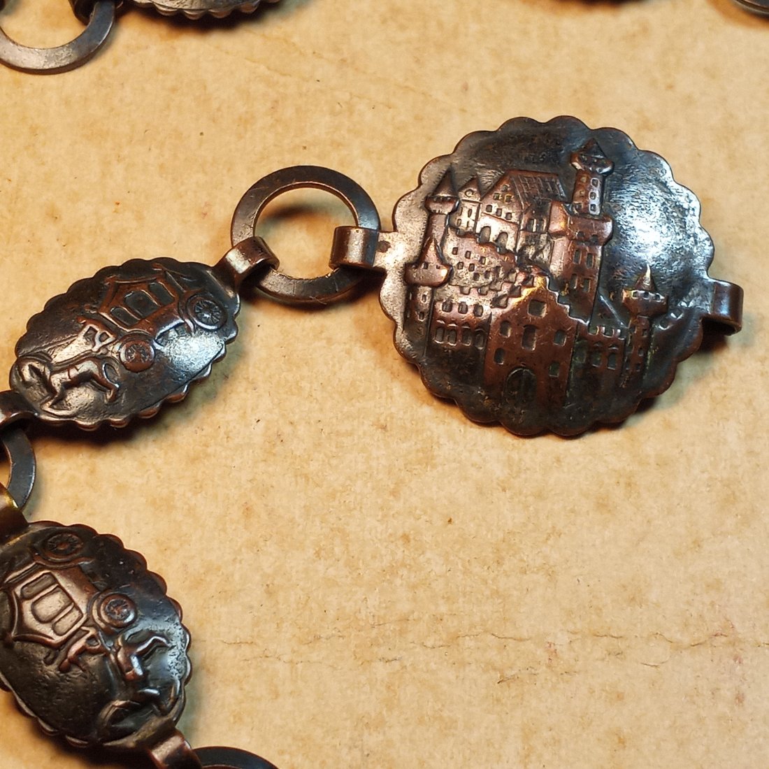 Beautiful Old World Gothic Bronze Belt: Appears to be Czech/Bohemian. Carriages and the buckle is a castle...Dracula's castle?? You can tell everybody it is. 32 inches length. Comes from a lot of estate items, many of which are Bohemian.