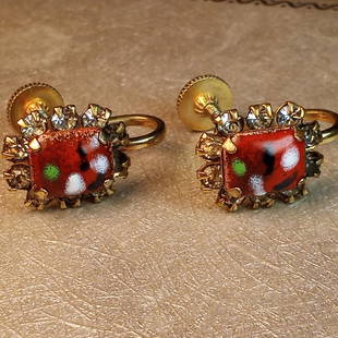 Fine Petite Pair Bohemian Art Glass Earrings: Clasps are good. All rhinestones are bright.