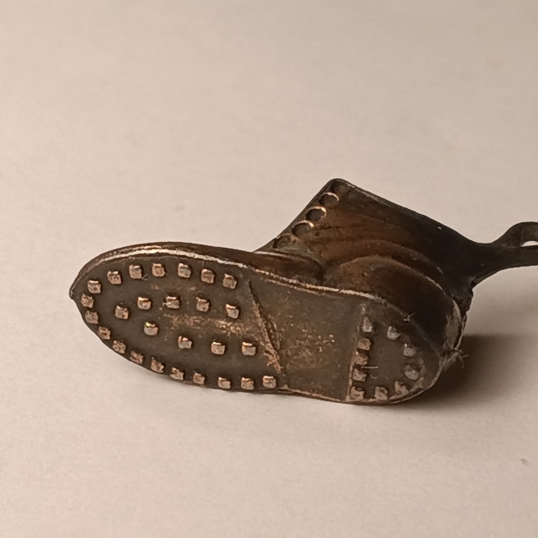 Fine Antique Boot Silver Bracelet Charm: No marks, but souls are good. Stitched repair to the side.