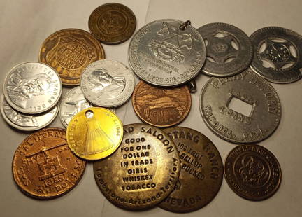 Lot of Vintage Tokens Medallions Coins Interesting: Bar/Saloon Tokens. Good luck token. Bank good luck token. Etc.