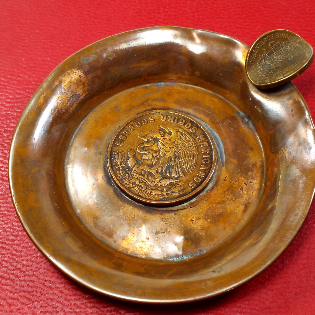 Vintage Copper Mexican Coin Ashtray: Solid copper. Much Character. Patina.