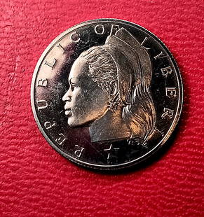 Liberia Fifty Cent Coin: 1974. Almost uncirculated. 14,000 minted. Scarce.