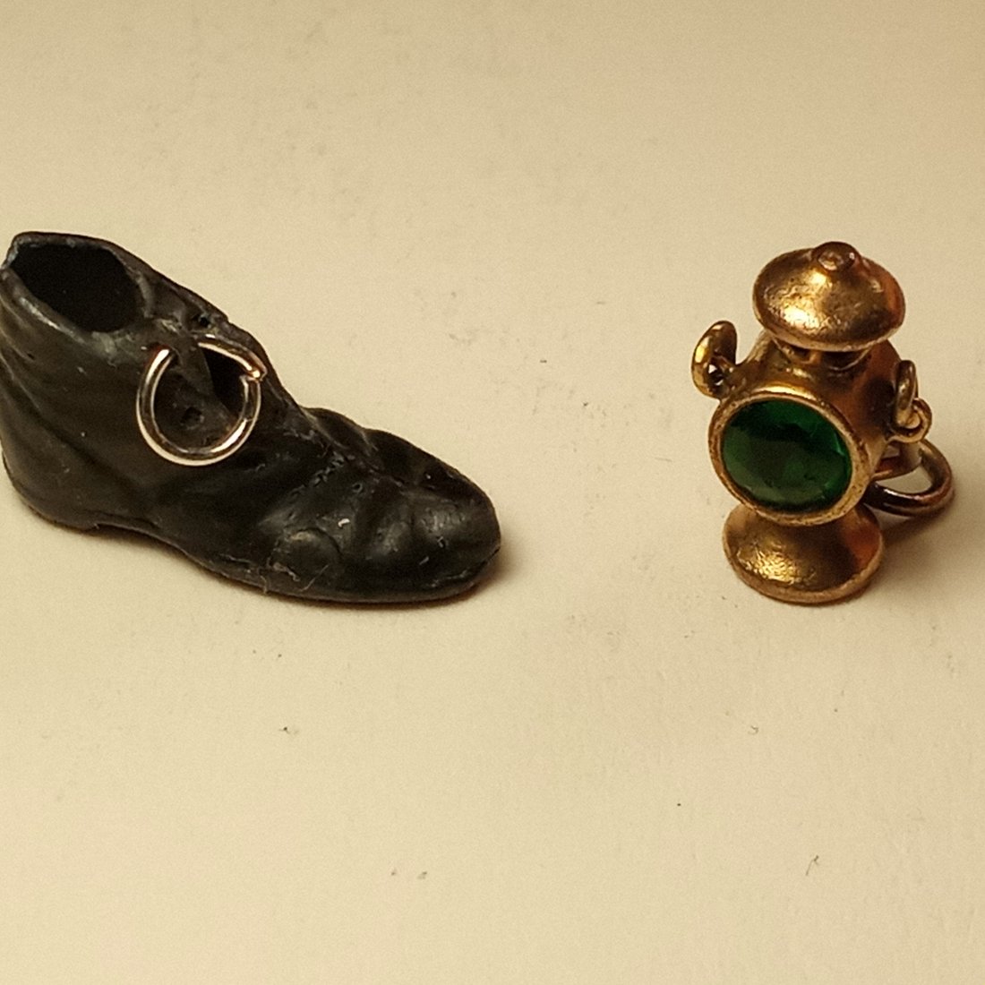 Pair Vintage Charms: Shoe and green lantern.