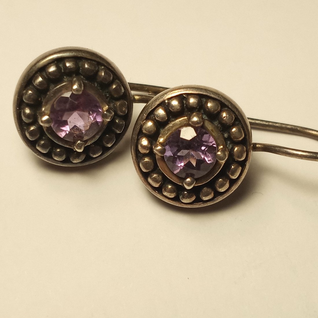 Nice Pair Sterling SIlver and Amethyst Hook Earrings: Stones are good. Clean. Marked for sterling silver.