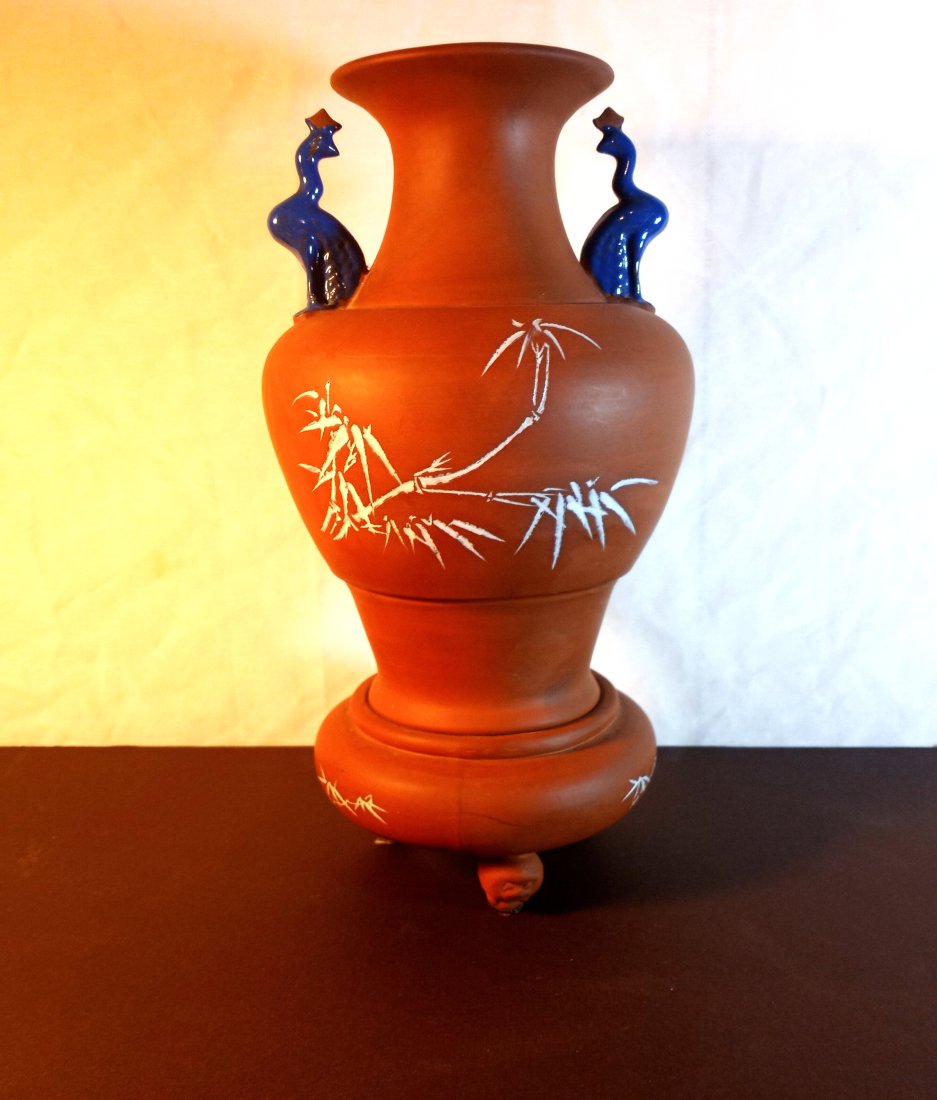 Unique Japanese Tokoname Terra Cotta Vase w/ Peacocks Daruma Feet (1 of 10)