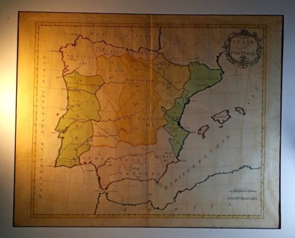 British Antique Regional Map Iberian Peninsula Fine Cartography: Spain and Portugal. Matted for framing 30x24 inches. Small blemishes to an excellent mat. Needs top mat, glass and frame.Collector piece.