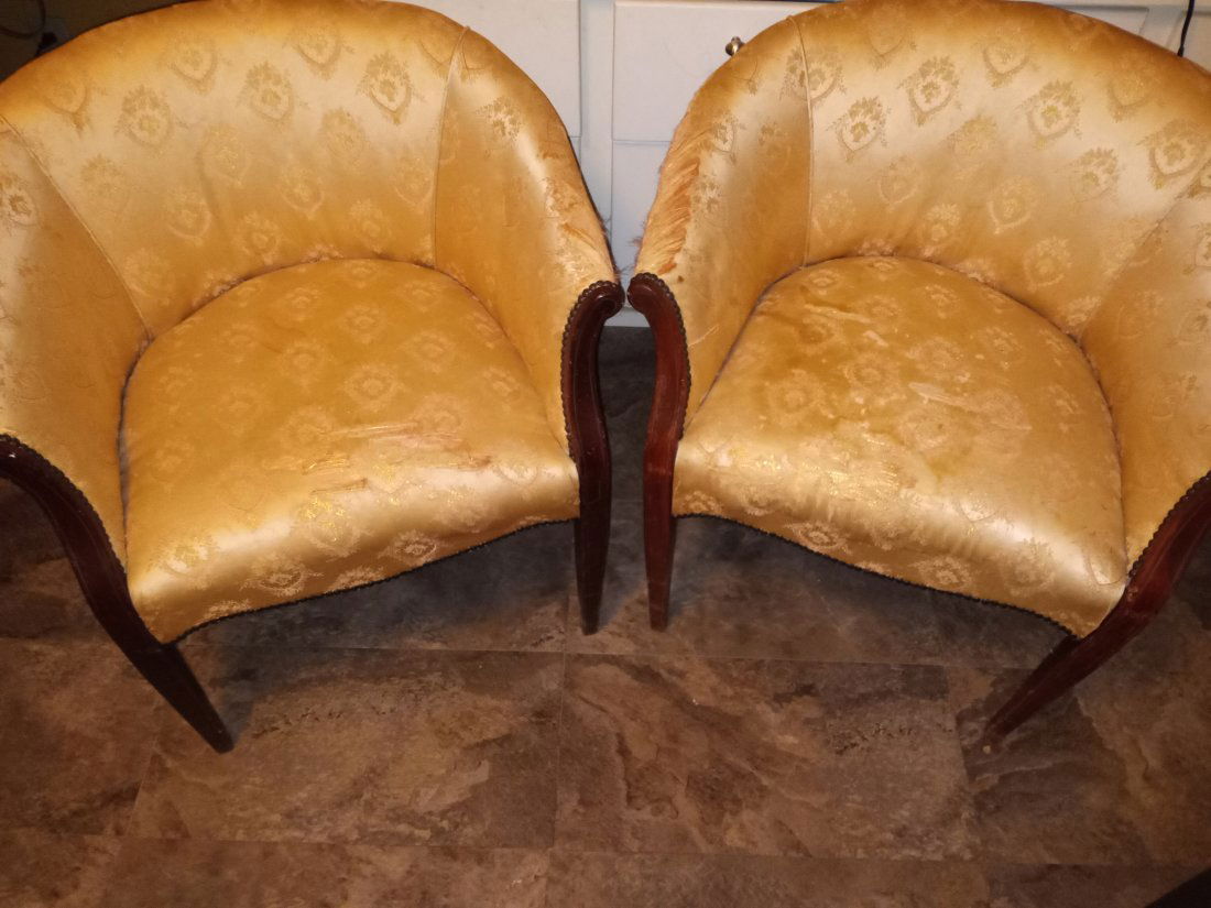Pair Vintage circa 1940 Pair Bergere Upholstered Chairs: Structurally sound. Silk upholstery fabric somewhat frayed. Barrel backs are suede in good condition.