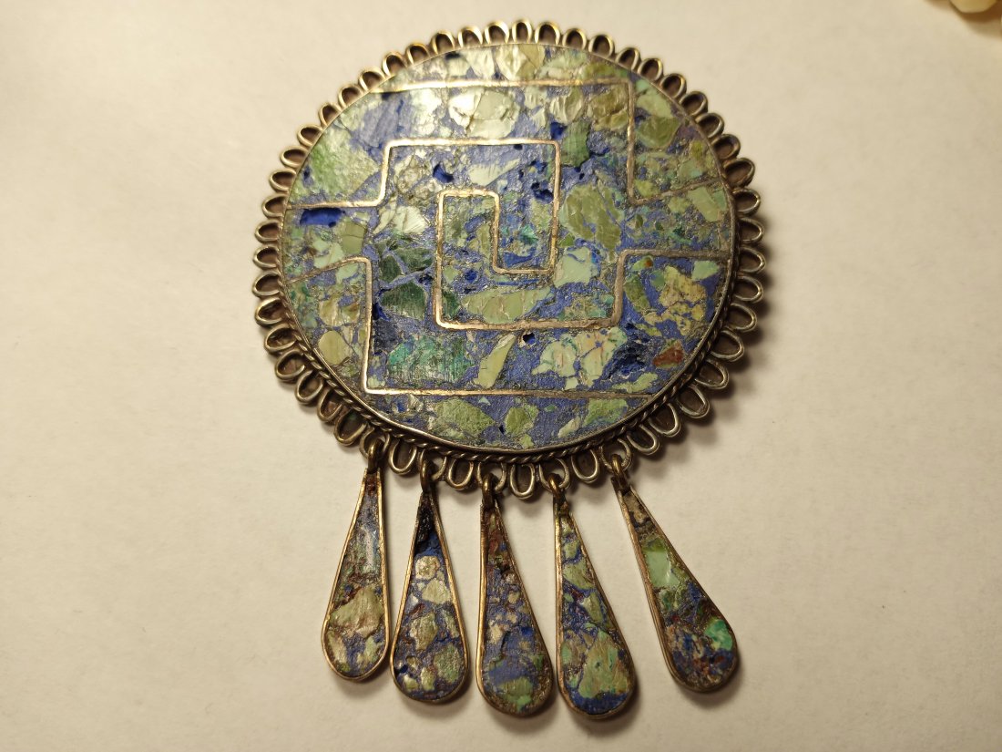 Large Mexican Vintage Silver and Turquoise Inlaid Brooch (1 of 5)