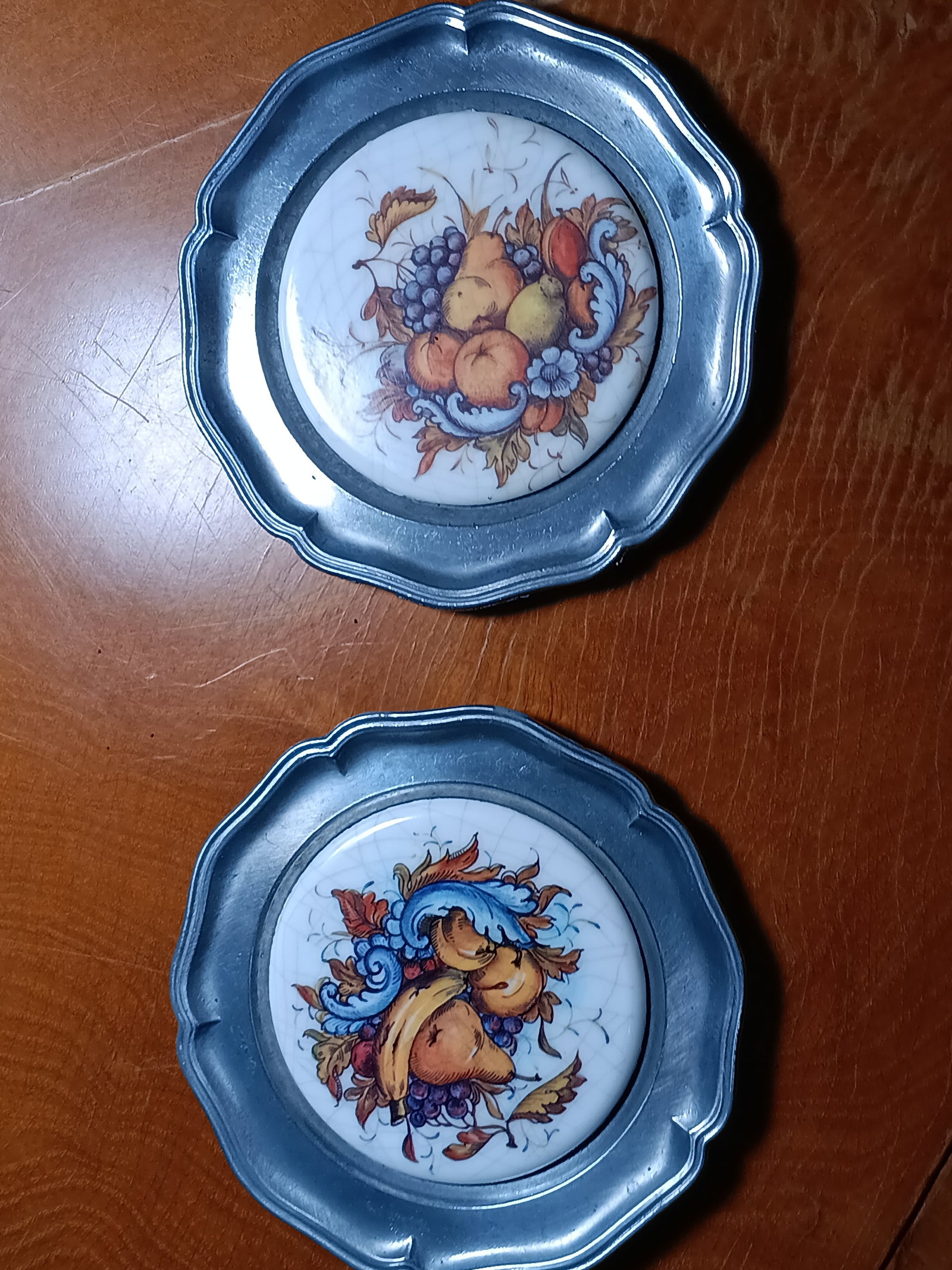 Pair of Vintage Pewter & Porcelain Wall Hangings / Trays Germany (1 of 4)