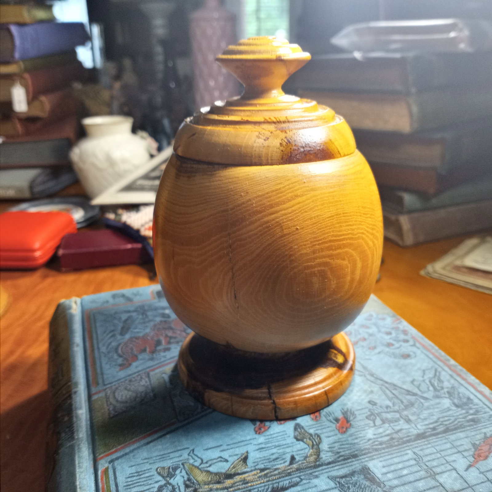 Vintage Lidded Turned Olivewood Caddy: Initial signed on bottom. Same initials as the candleholder (item 2).