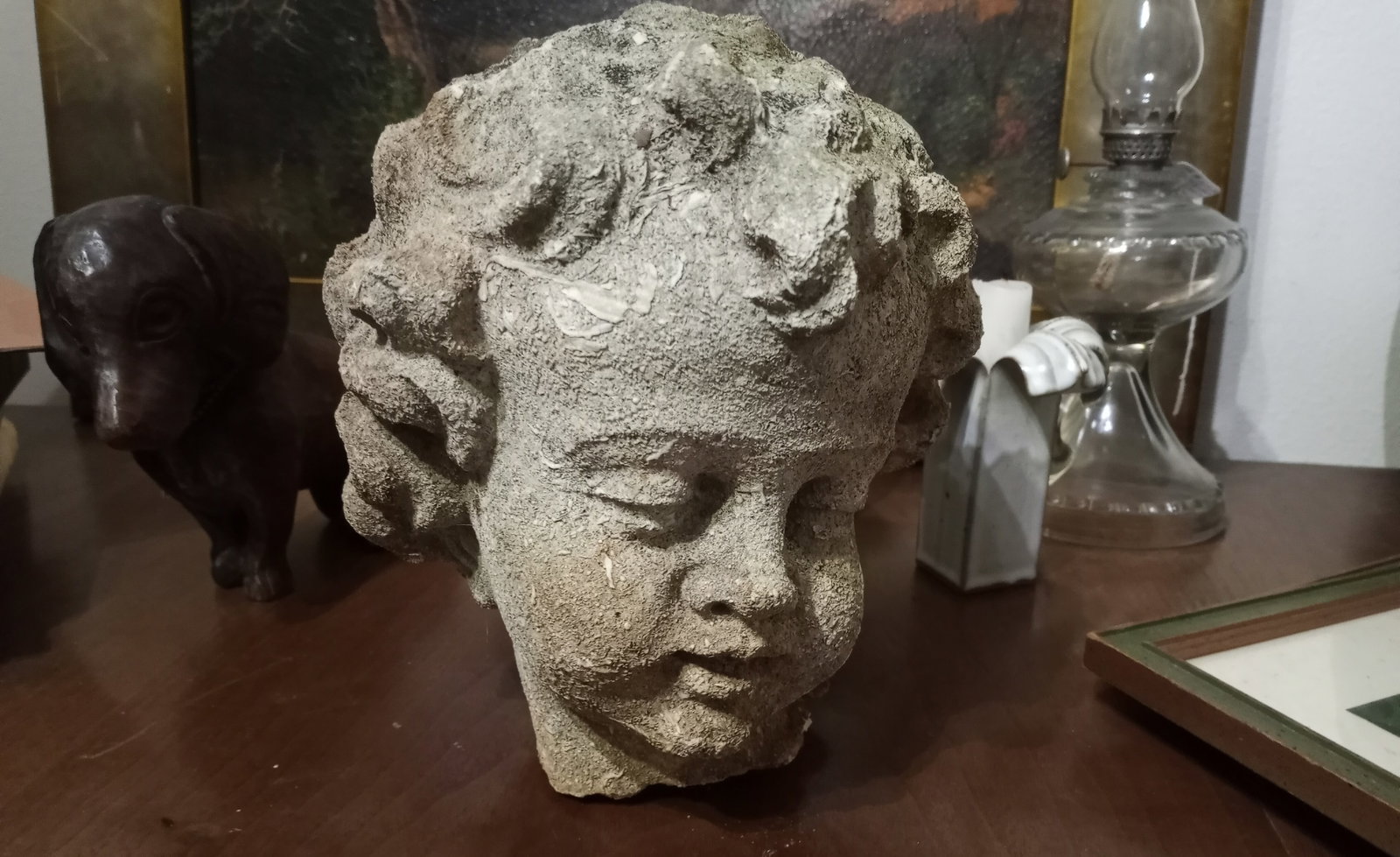 Antique Italian Vicenza Stone Statue Putto Head: Genuine stone of Vicenza. Measures about 9 1/2 inches. Remnant of a complete gigure.