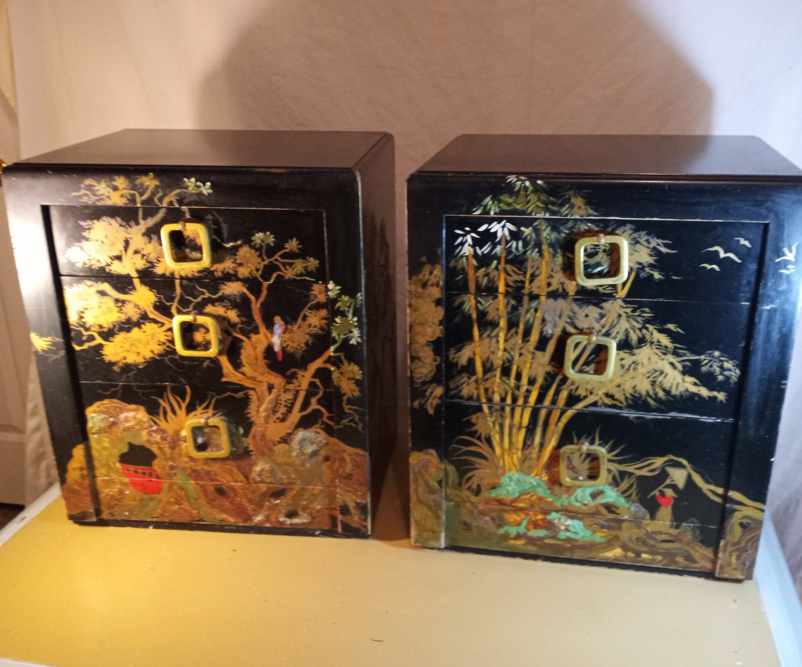 Pair Beautiful Vintage Ebonized and Painted Japanese Night Chests (1 of 6)