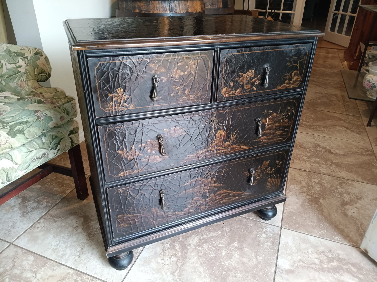 Vintage 1980's Butler Specialty Company Ebonized Wood Chest: Originally retailed for $2200. A scuff here and there, but overall great. Beautiful crackelure finish. From an estate in Fort Morgan.