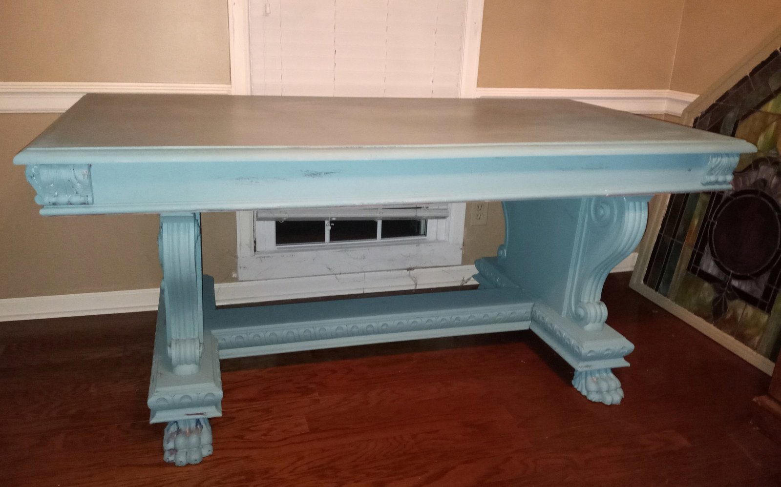Lovely Large Antique Painted Spanish Colonial Desk / Writing Table: Heavily carved aesthetic desk. Carved medallions each end. Carved lions' feet. Two pieces. Top notches in place / lifts off.