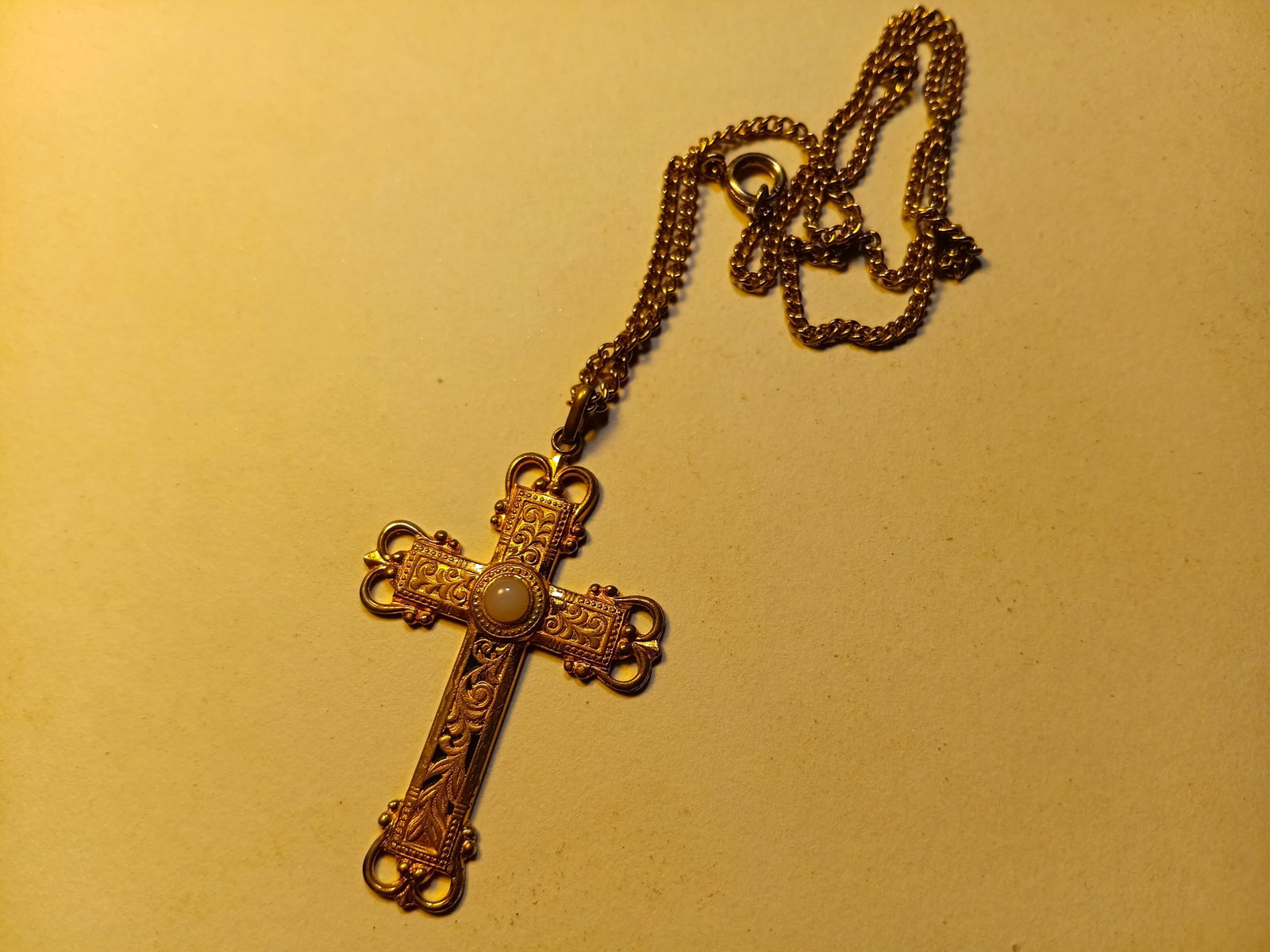 Fine Antique Budding Cross Pendant Necklace: Appears to have some gold wash remaining. Nice antique patina. 18 1/2 inch gold tone chain.