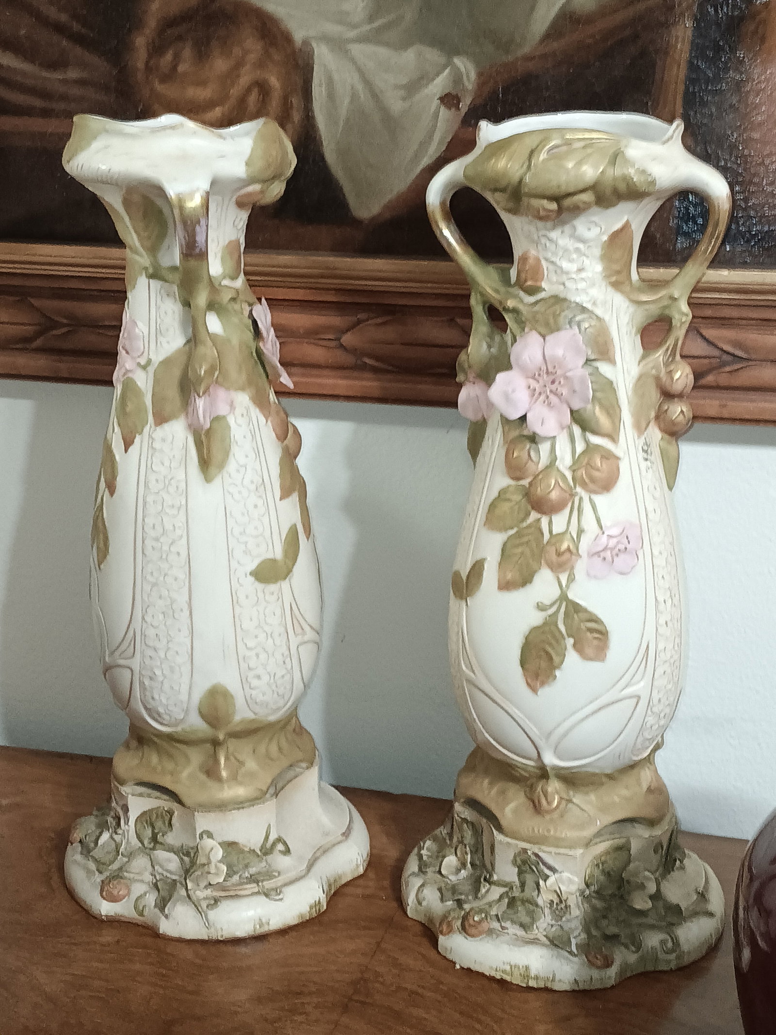 Pair of circa 1900 Art Nouveay Royal Dux Bohemian Vases w/ Stands (1 of 8)