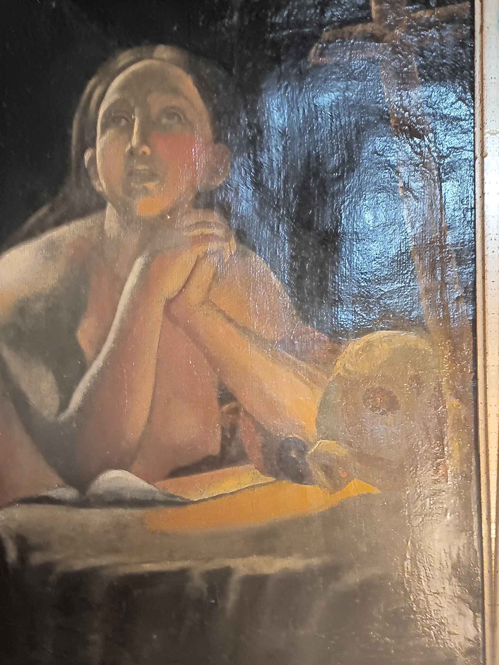Antique European Magdeline Oil Painting: Very fine, unique painting of Mary Magdeline. Measures 23 1/2 x 18 1/2 inches. Appears to be central European, perhaps Polish.