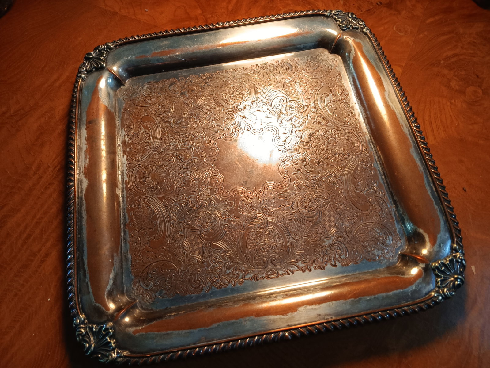 Antique Beautiful English Silverplate Footed Serving Tray w/ Guild Mark (1 of 10)