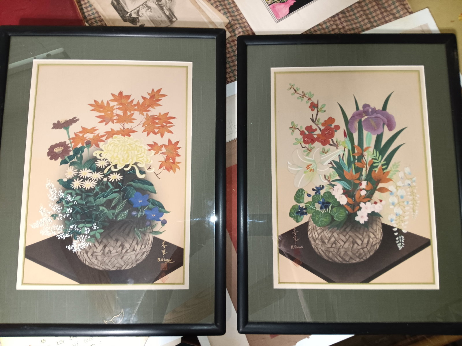 Vintage Japanese Framed Bakufu Ohno 1888-1976 Woodblock Print Pair (1 of 12)