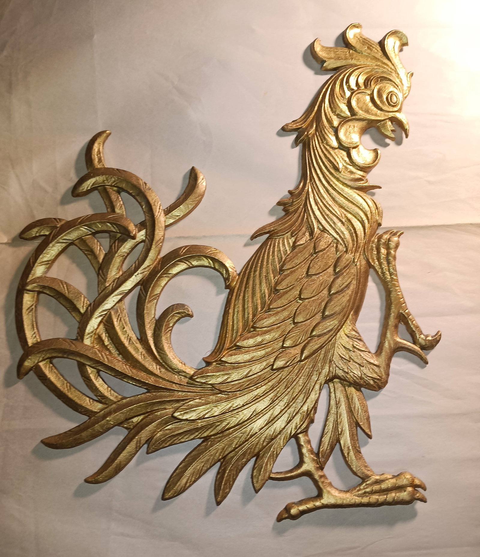 Vintage Metal Wall Ornament Rooster: With feathers. Measures 15 1/2 x 12 inches.