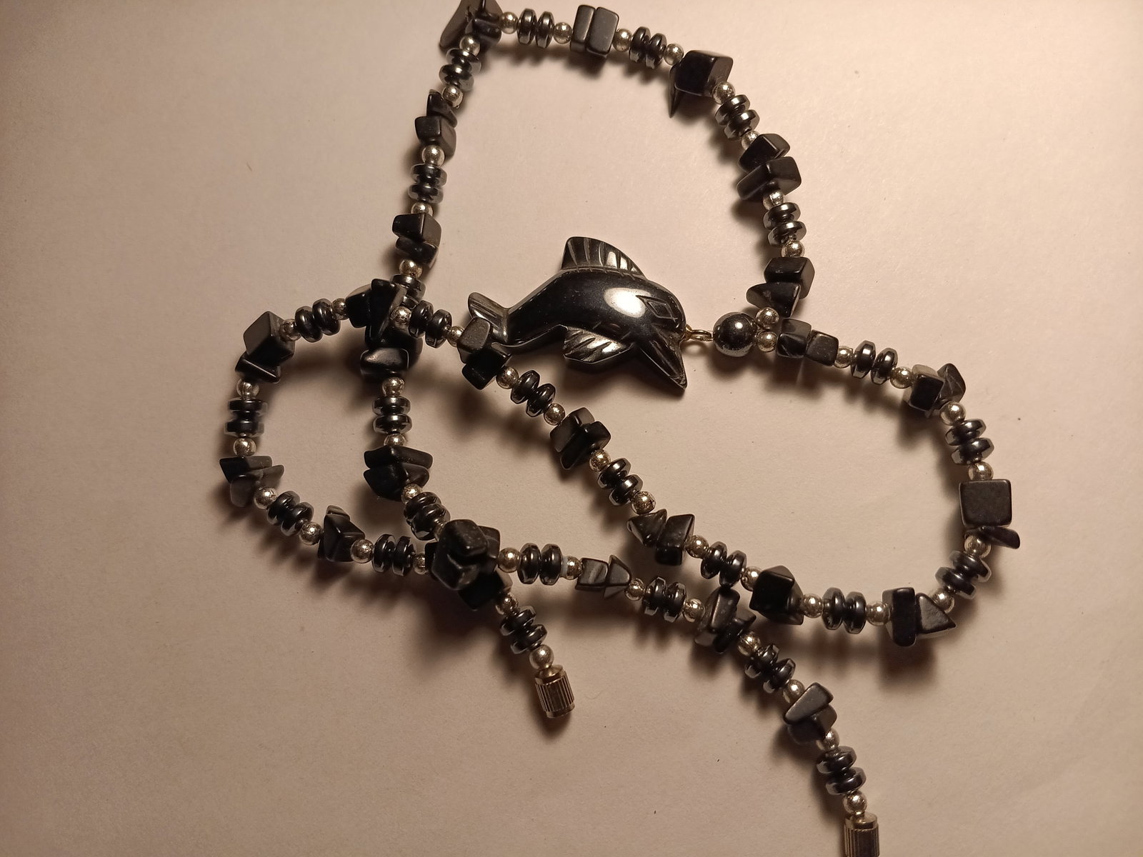 Black Coral Islands Necklace w/ Hematite Dolphin Pendant: 17 inches length. All good.