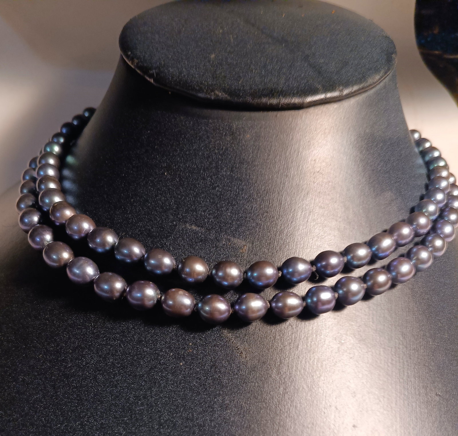 Hand-Knotted Double Strand Aubergine Pearl Necklace 14 Karat Gold Clasp (1 of 10)
