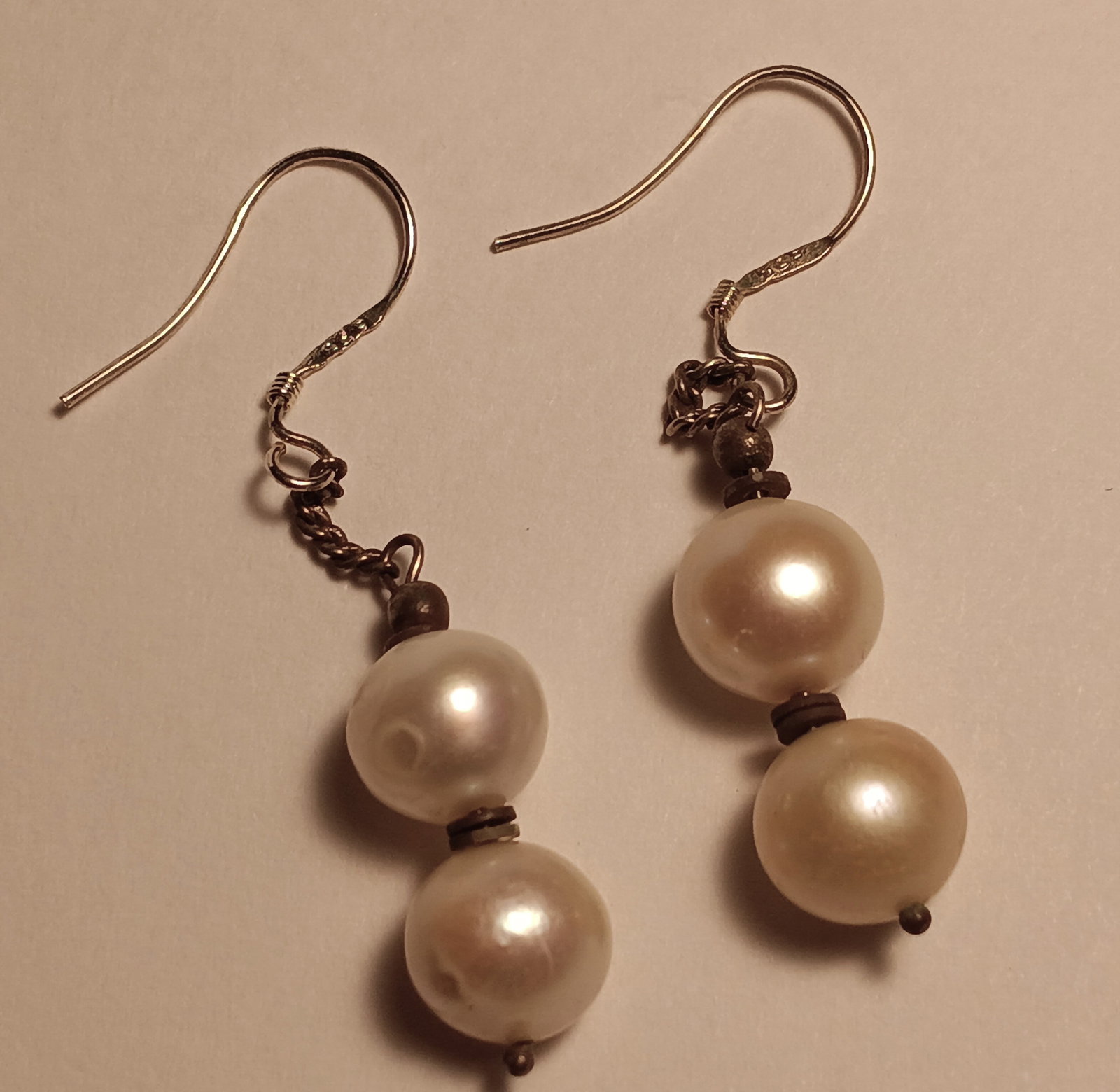 Vintage Pair Genuine Pearl Earrings: Very shapely natural pearls. Newer sterling silver hooks.