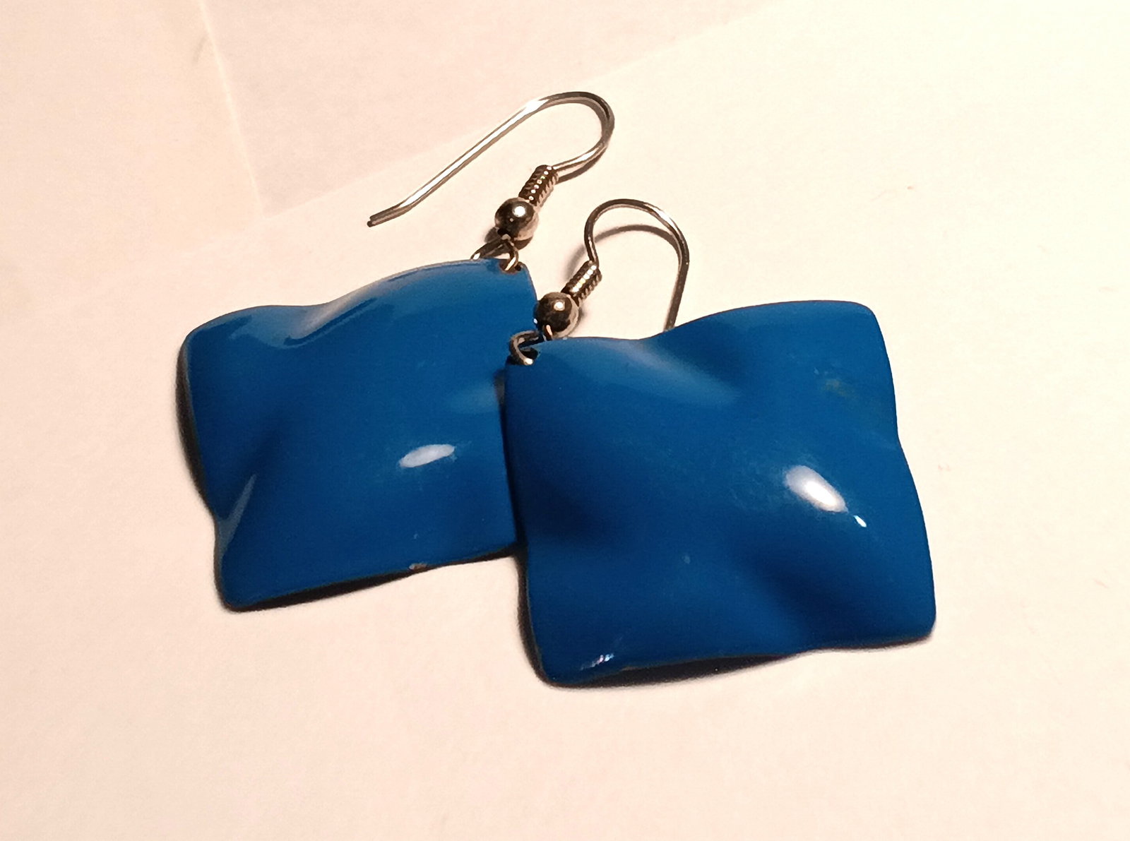Pair Vintage Blue Enameled Metal Earrings: These have replacement sterling silver hooks. Like new.
