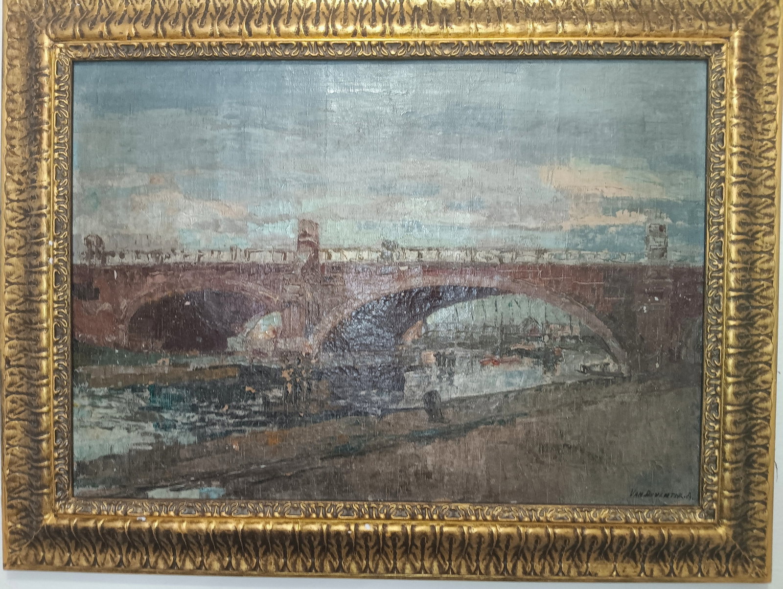 Period Signed Impressionst Oil Painting Waterloo Bridge: Palet knife painting by a skilled artist. Mid to late 18th century. Sifned A. van Deventer. Measures 23 x 20.