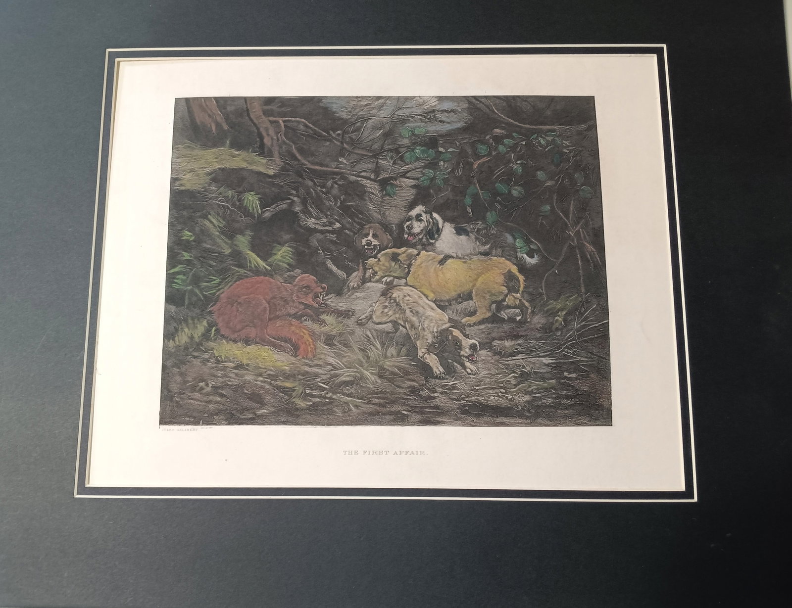 Large Hand-colored Steel Plate Engraving Fox vs Dogs: Genuine antique plate engravings. Not a litho reprint. Measures 17 x 11 1/2 inches. Image is 10 1/4 x 6 1/2 inches.