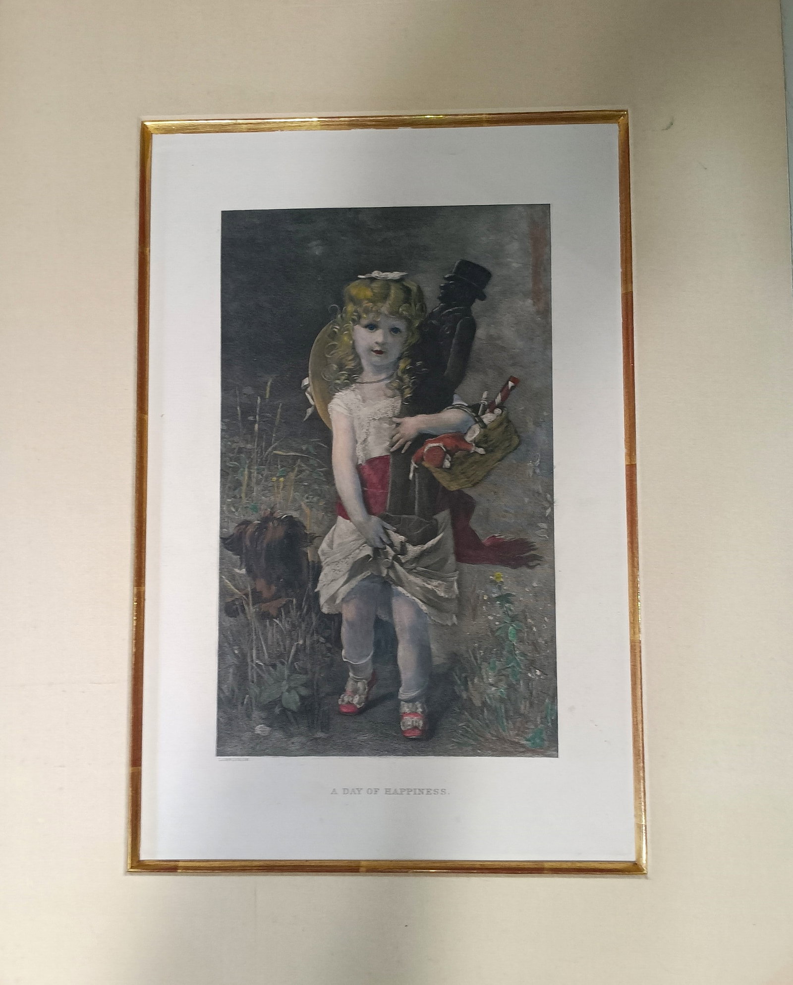 Large Victorian Hand-colored Antique Steel Plate Engraving Girl with Toys: Measures 17 x 11 1/2. Image is 10 1/4 x 6 1/2. Has plate mark. Genuine engraving. Not a litho reprint.