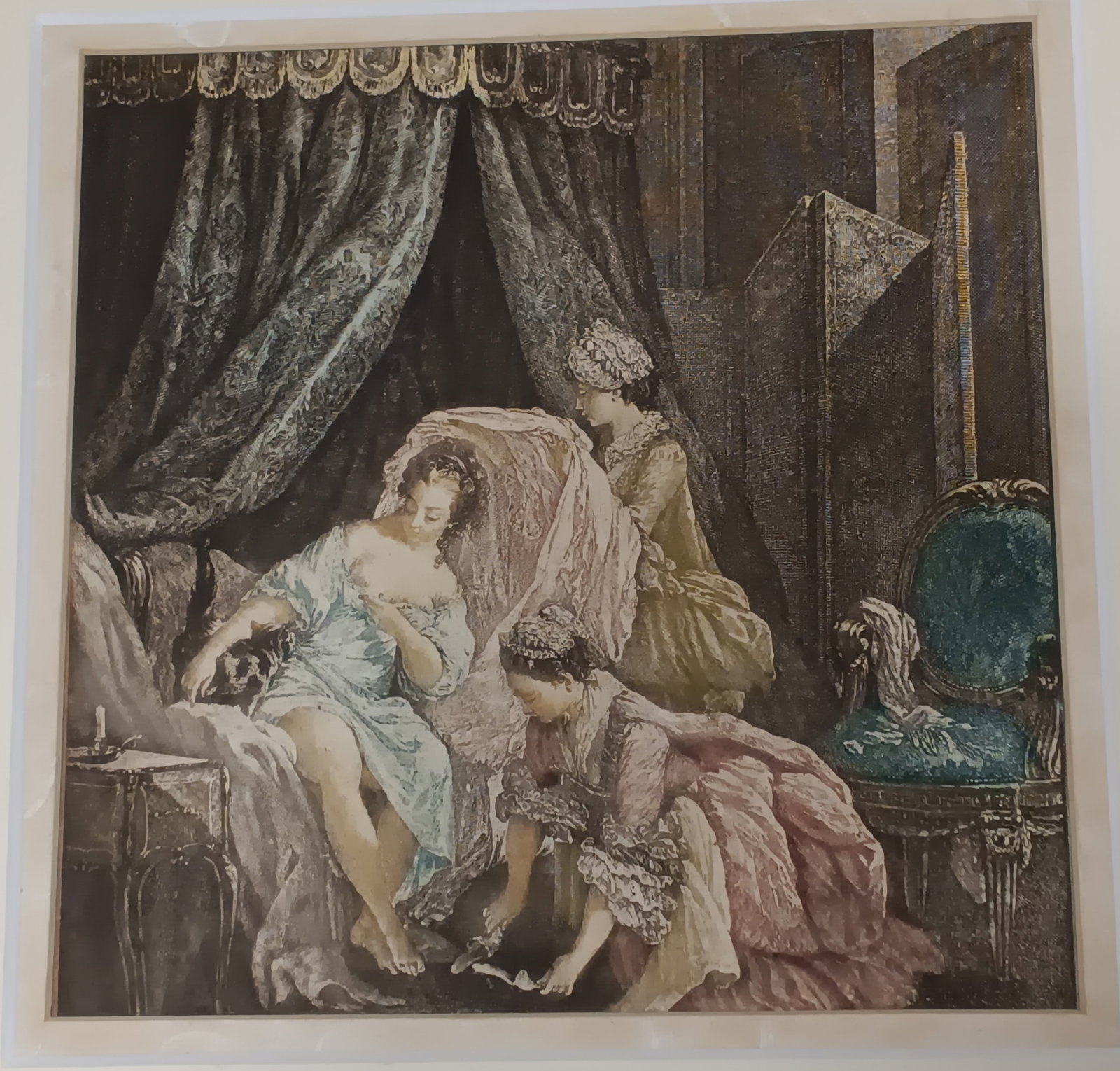 French Antique Etching Boudoir Scene Noble Woman and Ladies: Appears to be a scene of a noble woman or aristocrat being dressed or undressed by servants or ladies in waiting. dimensions are 7 1/2 x 7 1/2 inches. Has a 6 ply mat and back board 17 1/2 x 14 inches