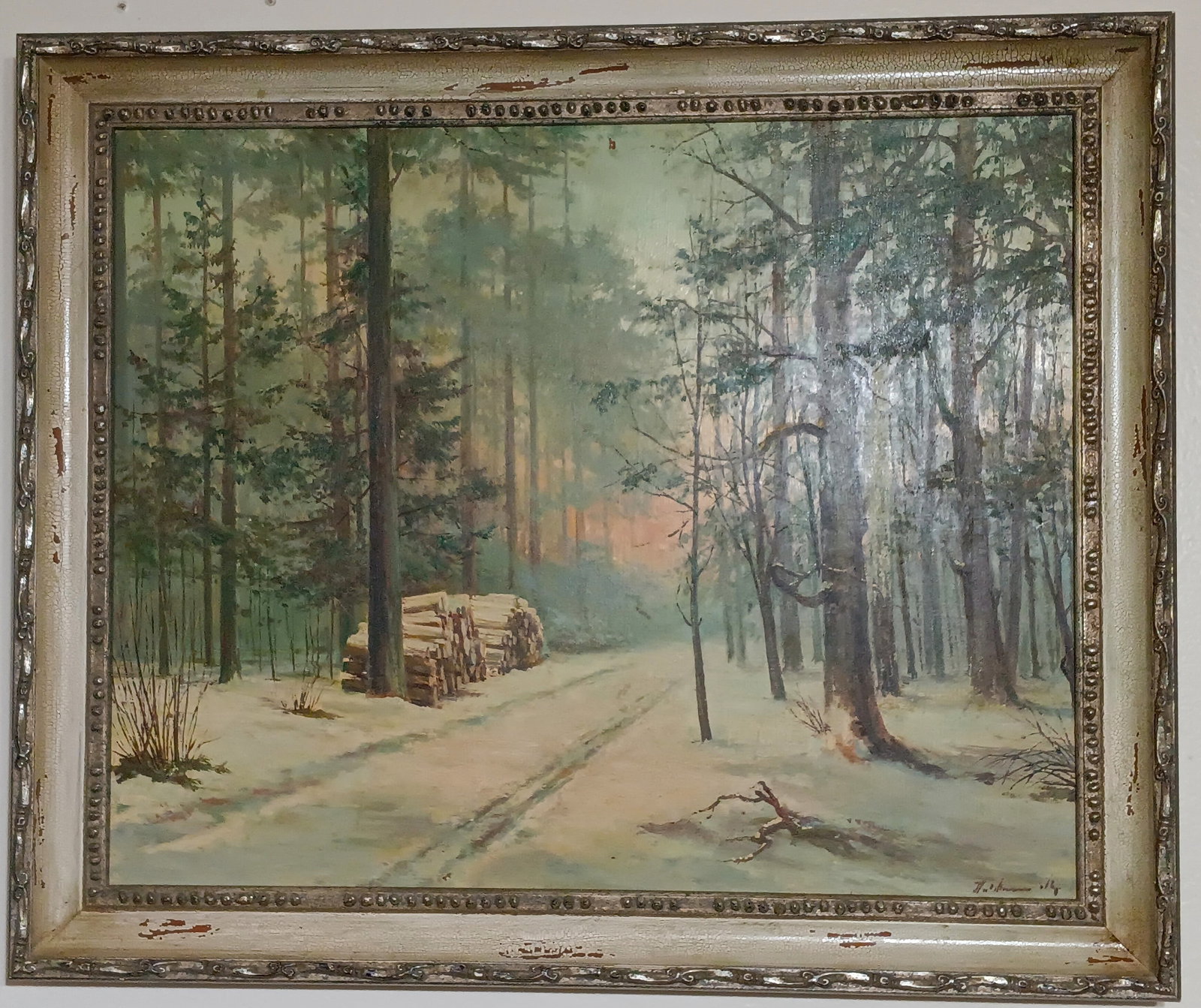 Antique Oil Painting Winter Forest Scene Pulpwood Road (1 of 7)