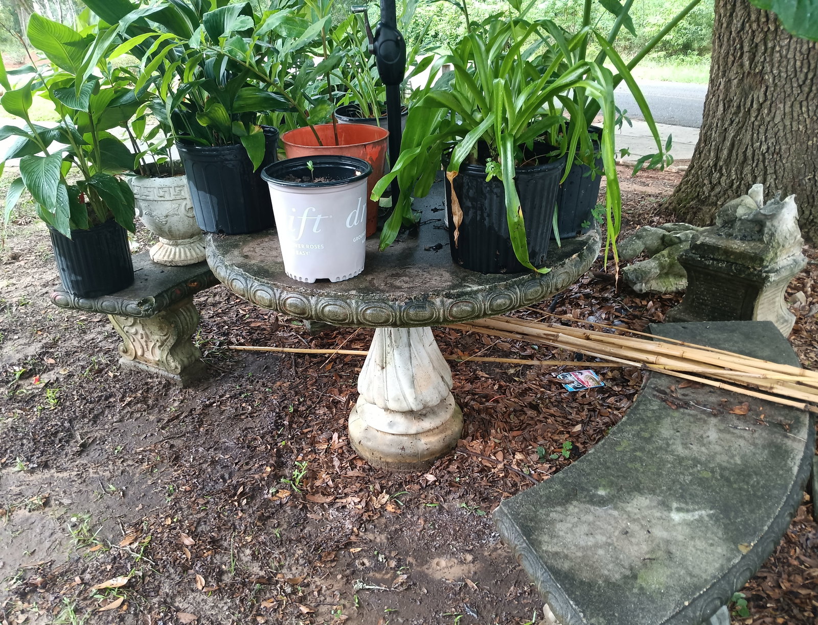 Concrete Garden / Patio Furniture Table with Three Benches Umbrella (1 of 2)