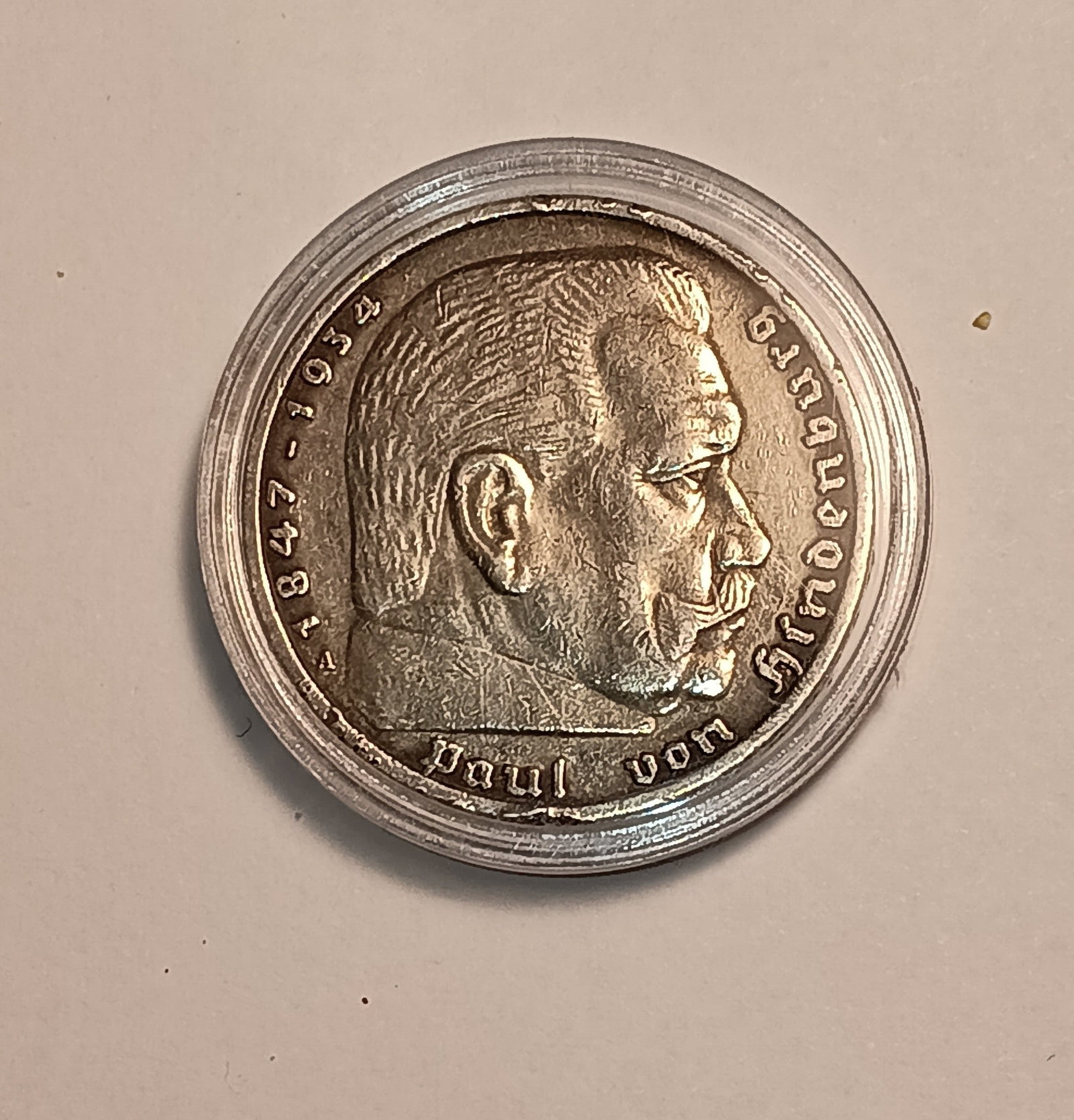 1935 Hindenburg Silver 5 Mark Pre- National Socialism Symbol: 90% silver. Mint mark A, Berlin.