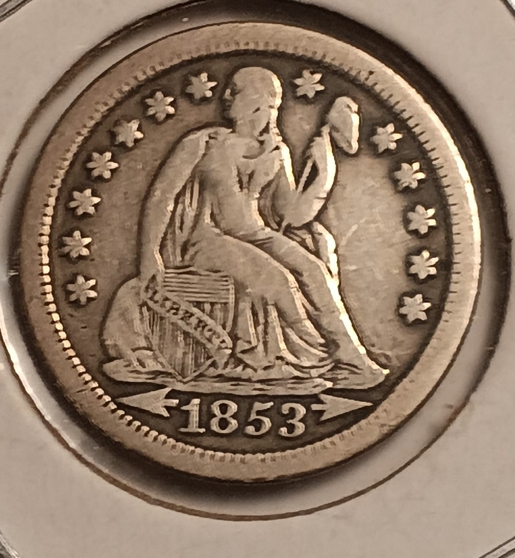 1853 Seated Liberty Silver Dime: 90% silver.