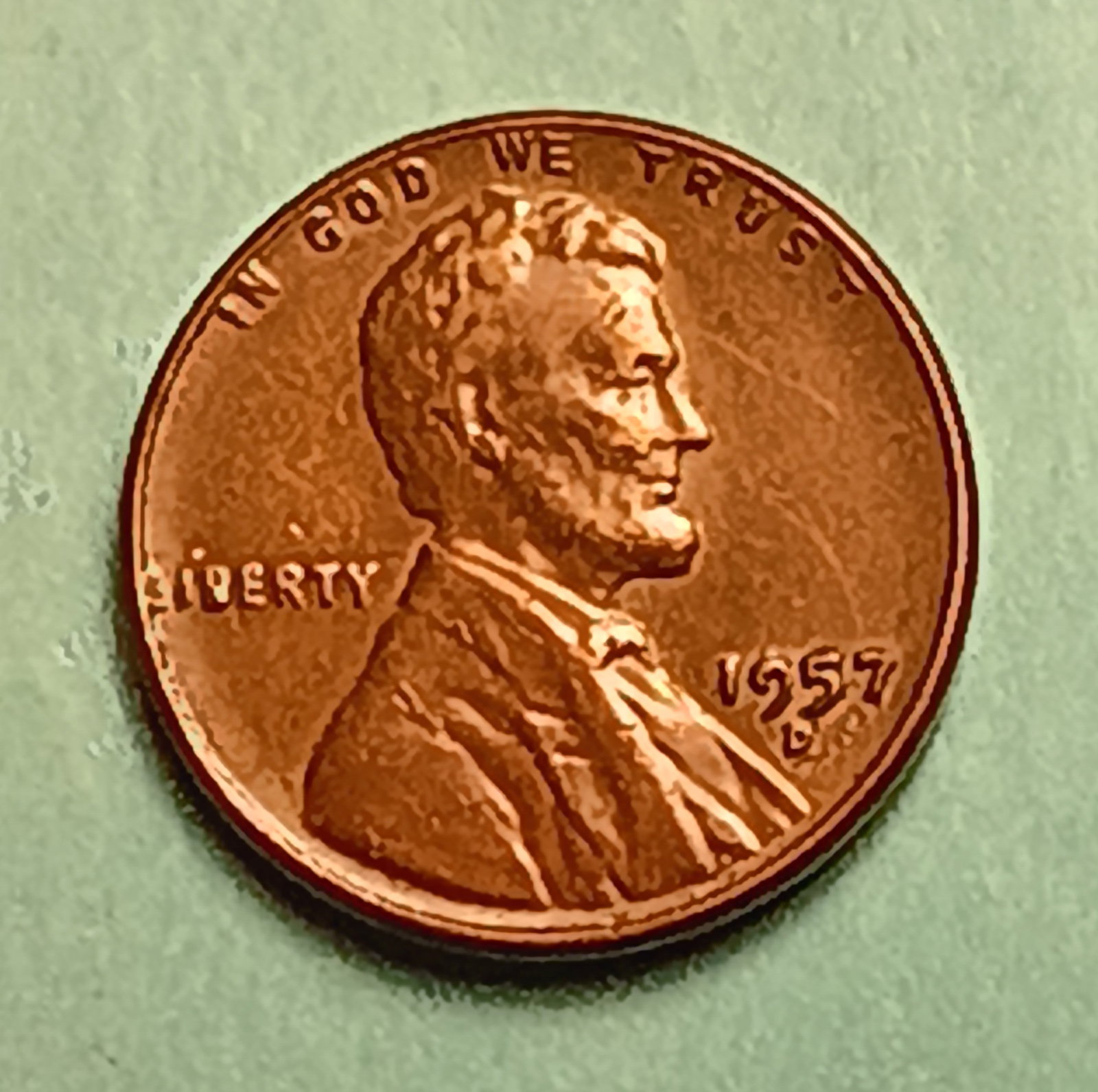 1957 D Lincoln Copper Penny Error Coin Filled 'B' in LIBERTY: Wheat cent. Copper.