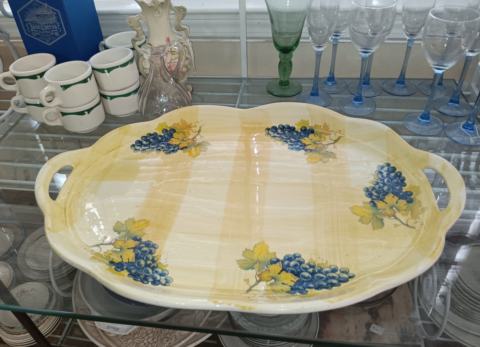 Large Vintage Italian Porcelain Platter w/ Handles Grape Motif: No issues. Yellow pottery and porcelain is always well received. Measures 24 x 16 inches.